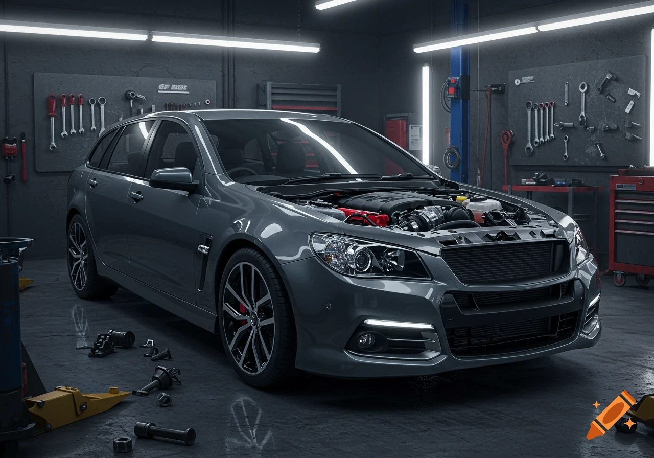 A grey car with its hood open in a garage, with tools on the wall.