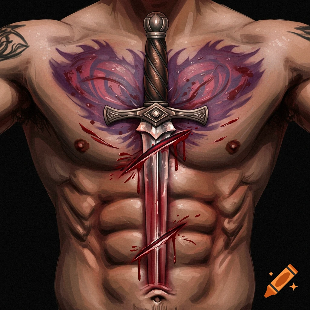 A male torso with a sword piercing the chest, surrounded by blood and a large stylized purple and red tattoo.