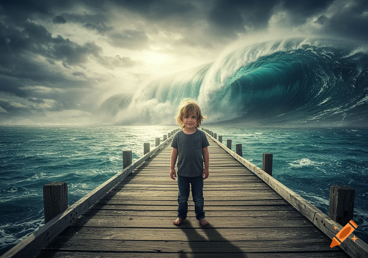 A young boy stands barefoot on a wooden pier as a colossal tsunami wave approaches from the ocean horizon under a dramatic sky.