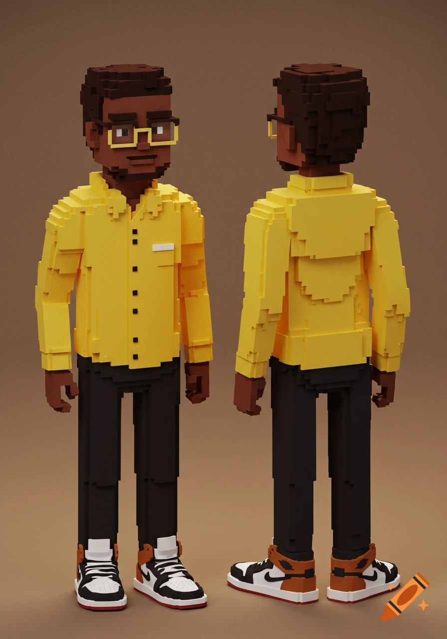 Voxel character turnaround of a Black man with glasses in a yellow shirt, black pants, and high-top sneakers.