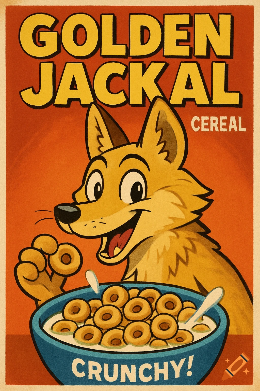 A retro-style cartoon poster featuring a golden jackal mascot holding cereal and a bowl of 'GOLDEN JACKAL' cereal, with 'CRUNCHY!' text.