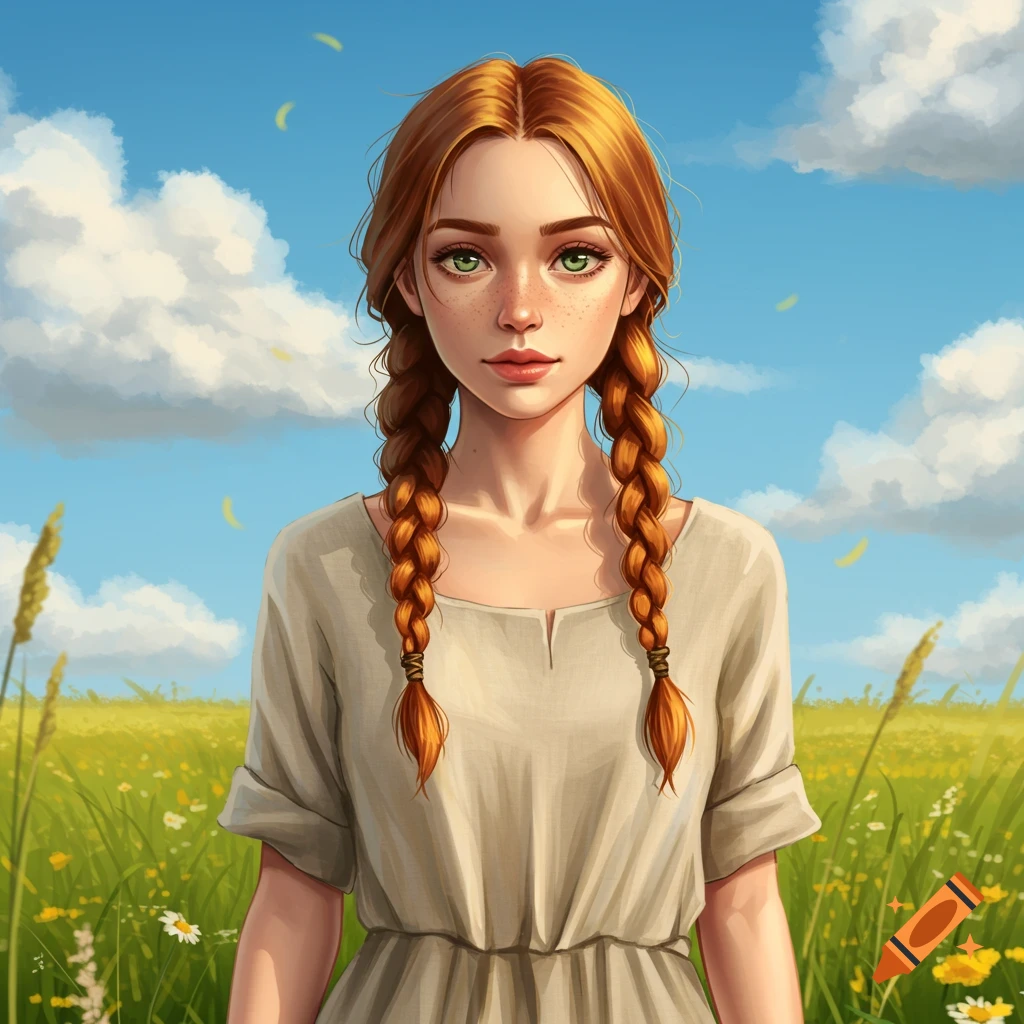 A young woman with red braided hair and green eyes stands in a sunny, wildflower-filled field under a blue sky.