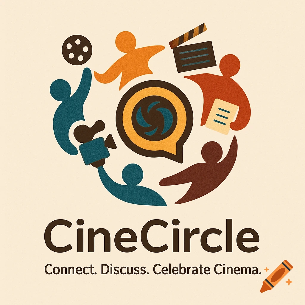 A logo with abstract human silhouettes forming a circle around a speech bubble with a camera lens. Text: 'CineCircle', 'Connect. Discuss. Celebrate Cinema.'