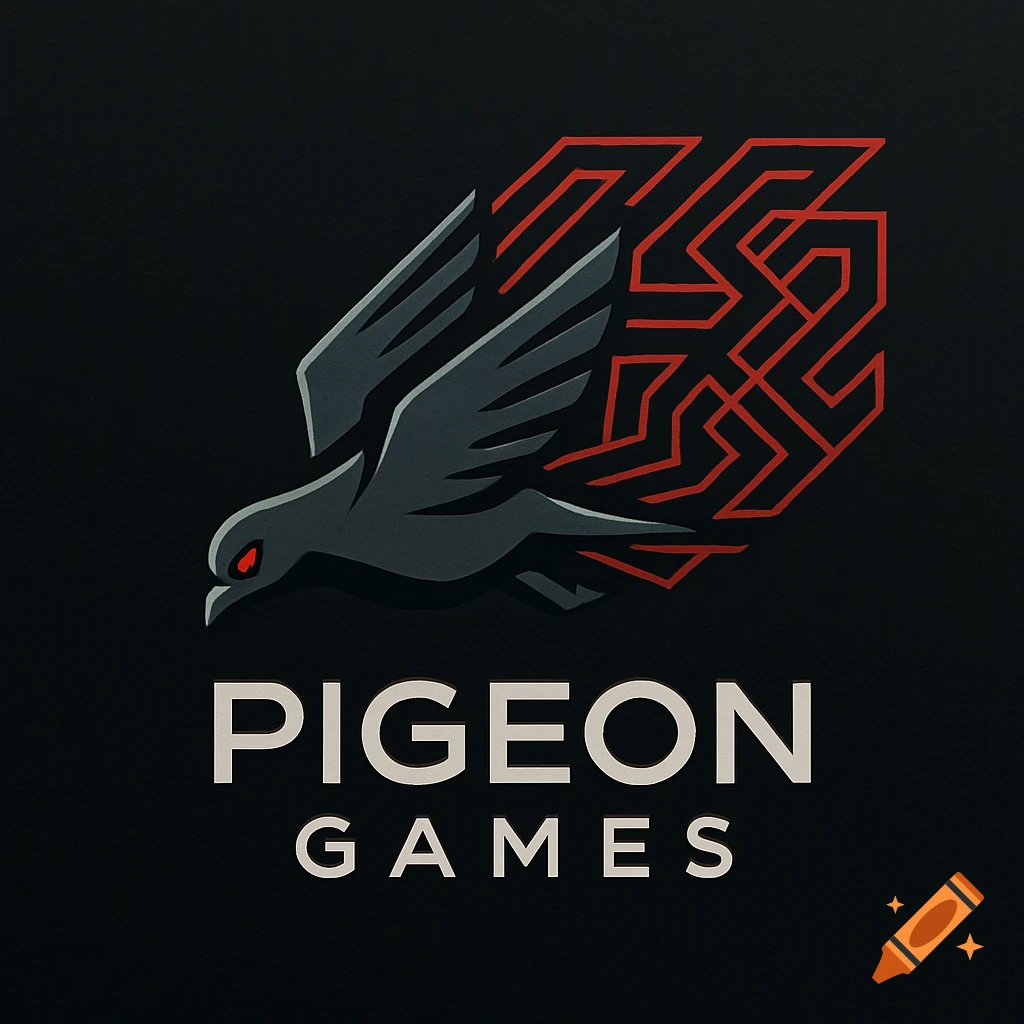 A stylized logo of a dark grey pigeon with red eyes and red geometric patterns, above the text 'PIGEON GAMES' on a black background.