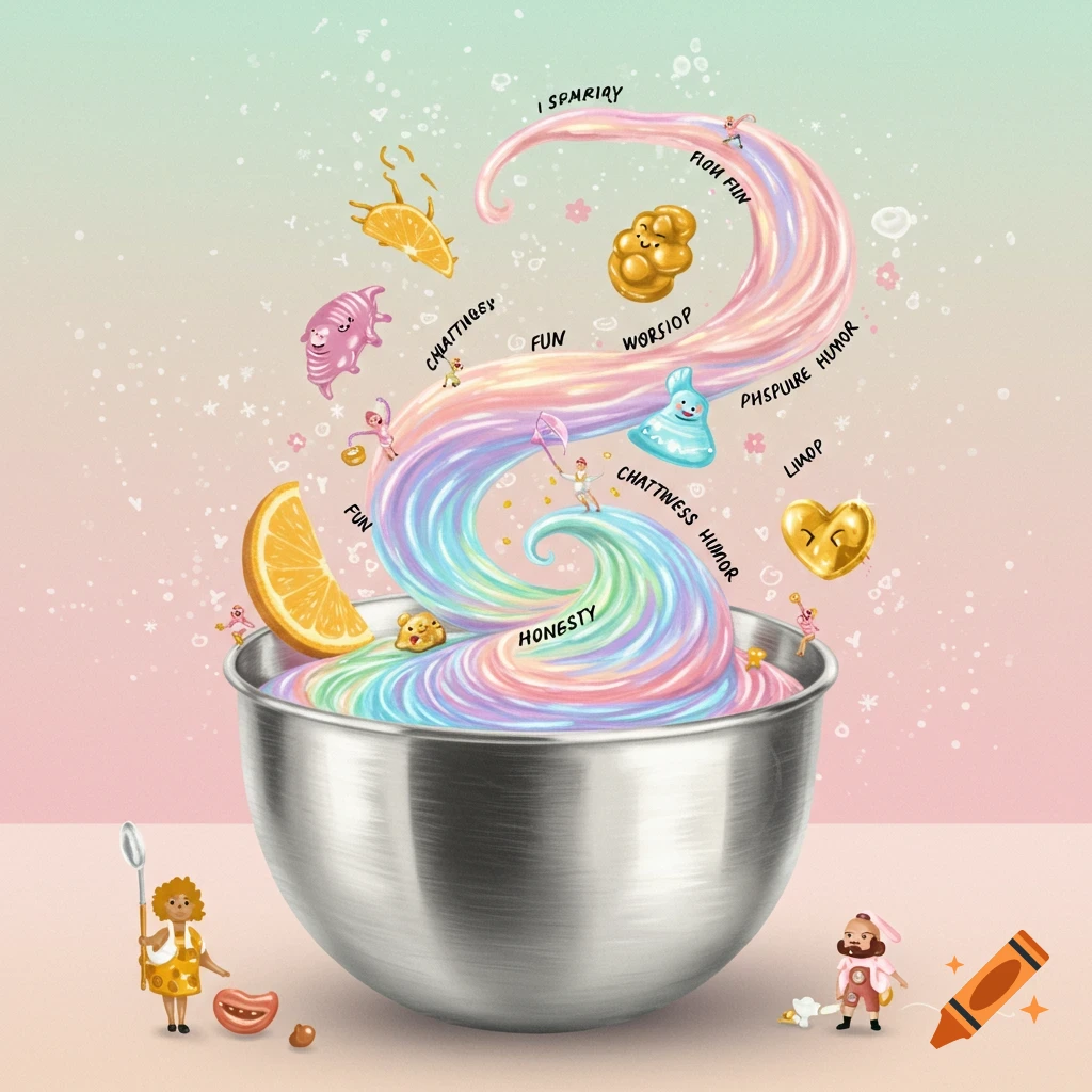A whimsical illustration of a mixing bowl overflowing with a rainbow-colored swirl, tiny figures interacting with it, and various abstract shapes and text.