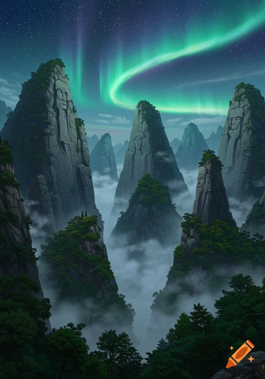 Mystical mountains with carved faces under a starlit sky and vibrant green aurora borealis.