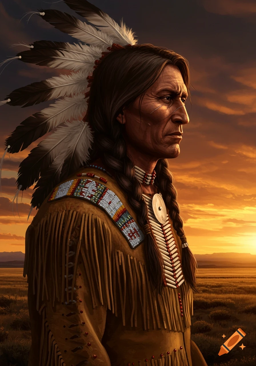 A stoic Native American man in traditional attire with a feather headdress gazes right, bathed in the warm light of a sunset over a vast plain.