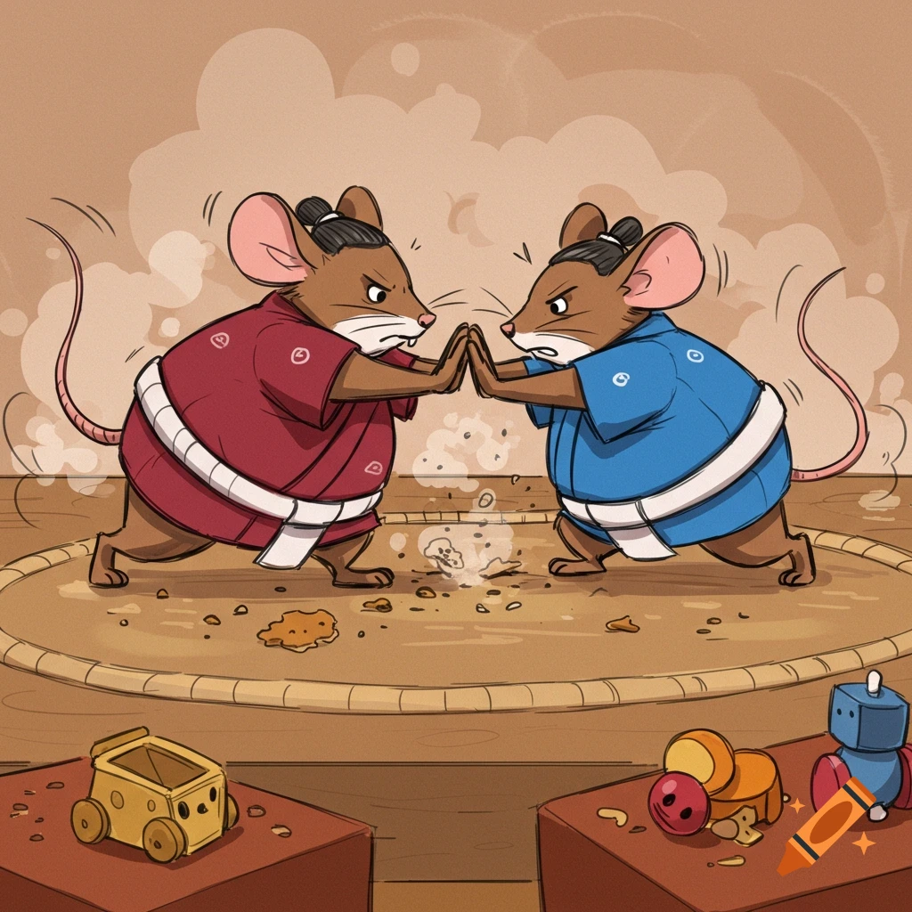 Two cartoon mice in sumo wrestler outfits push against each other in a sumo ring, with toy cars nearby.