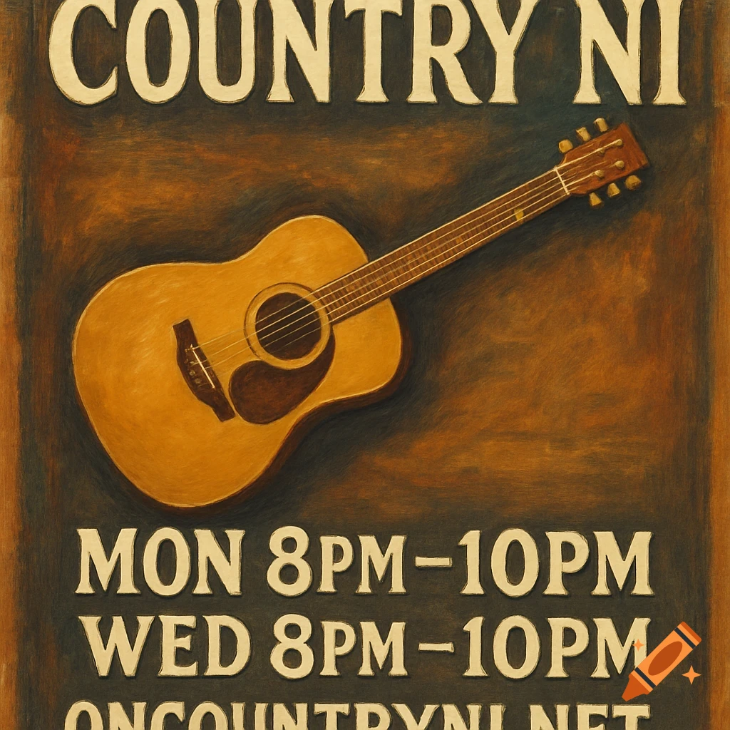 A painted poster for 'Country NI' featuring an acoustic guitar and event times.