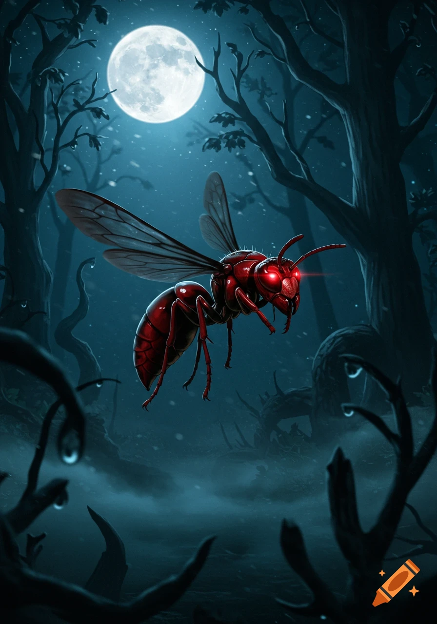 A menacing red wasp with glowing red eyes flies through a dark, moonlit forest, full moon visible in the sky, in a digital art style.