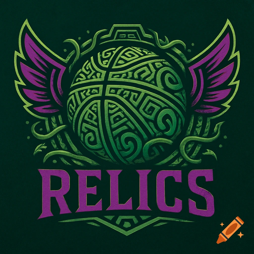 A dark green and vibrant purple logo featuring an ornate, ancient artifact-style basketball with wings and the word "RELICS" below it.