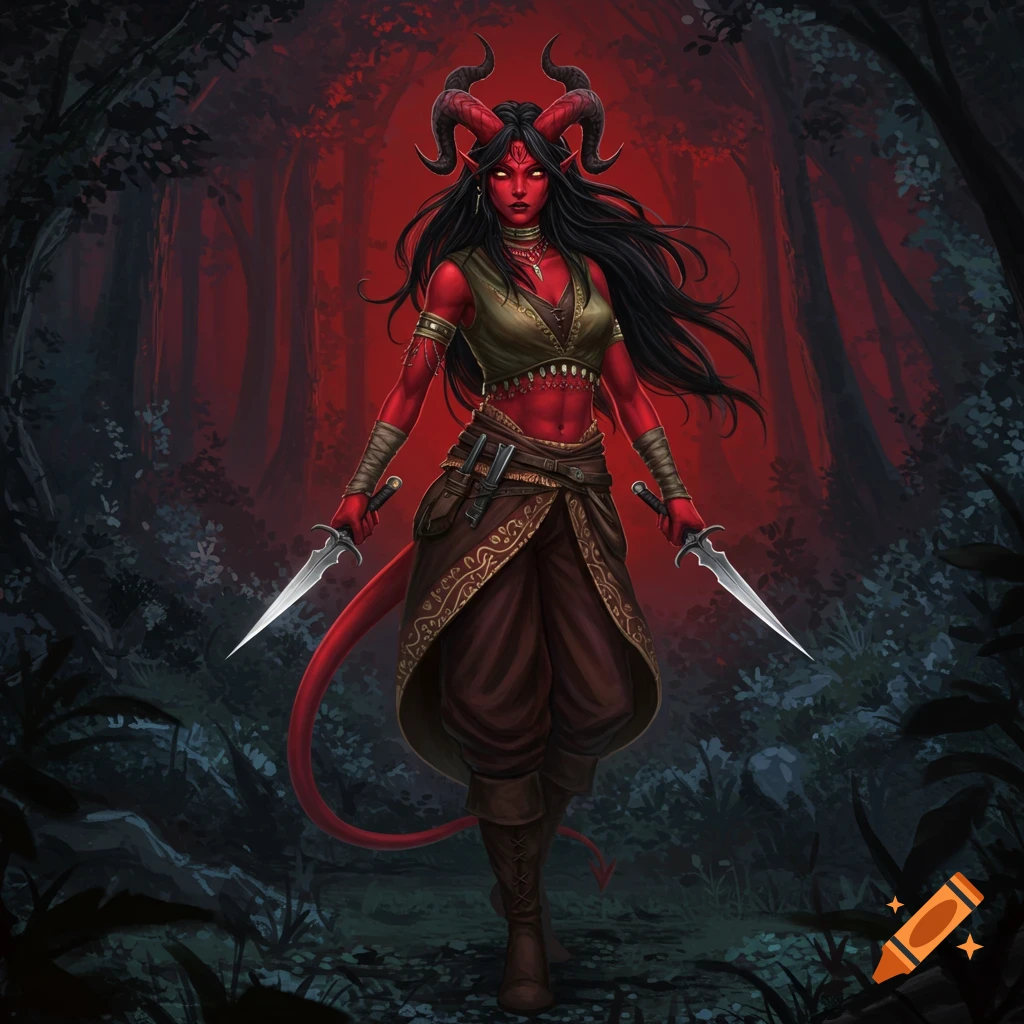 A red-skinned female tiefling with long black hair and ram horns, holding two daggers, stands in a dark red forest. Digital painting.