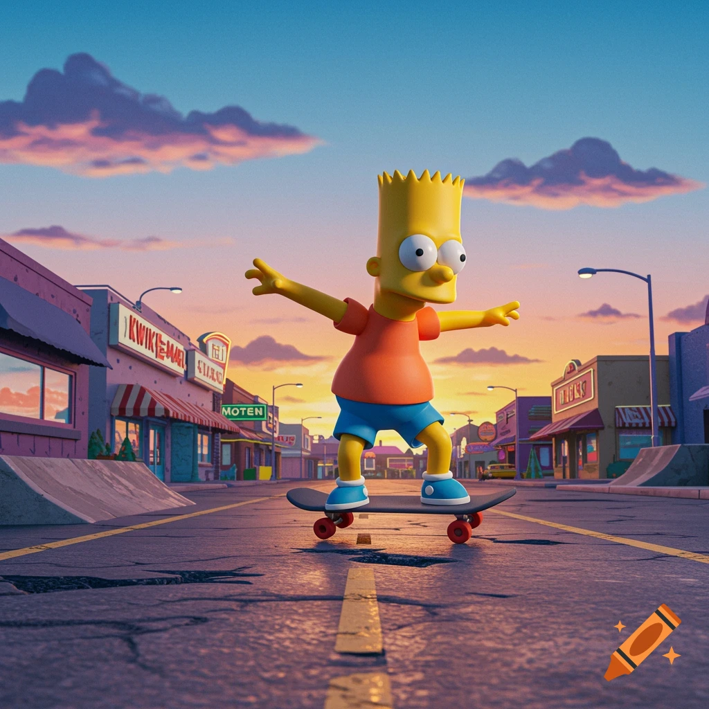 3D rendered Bart Simpson skateboarding down a street with the Kwik-E-Mart in the background at sunset.
