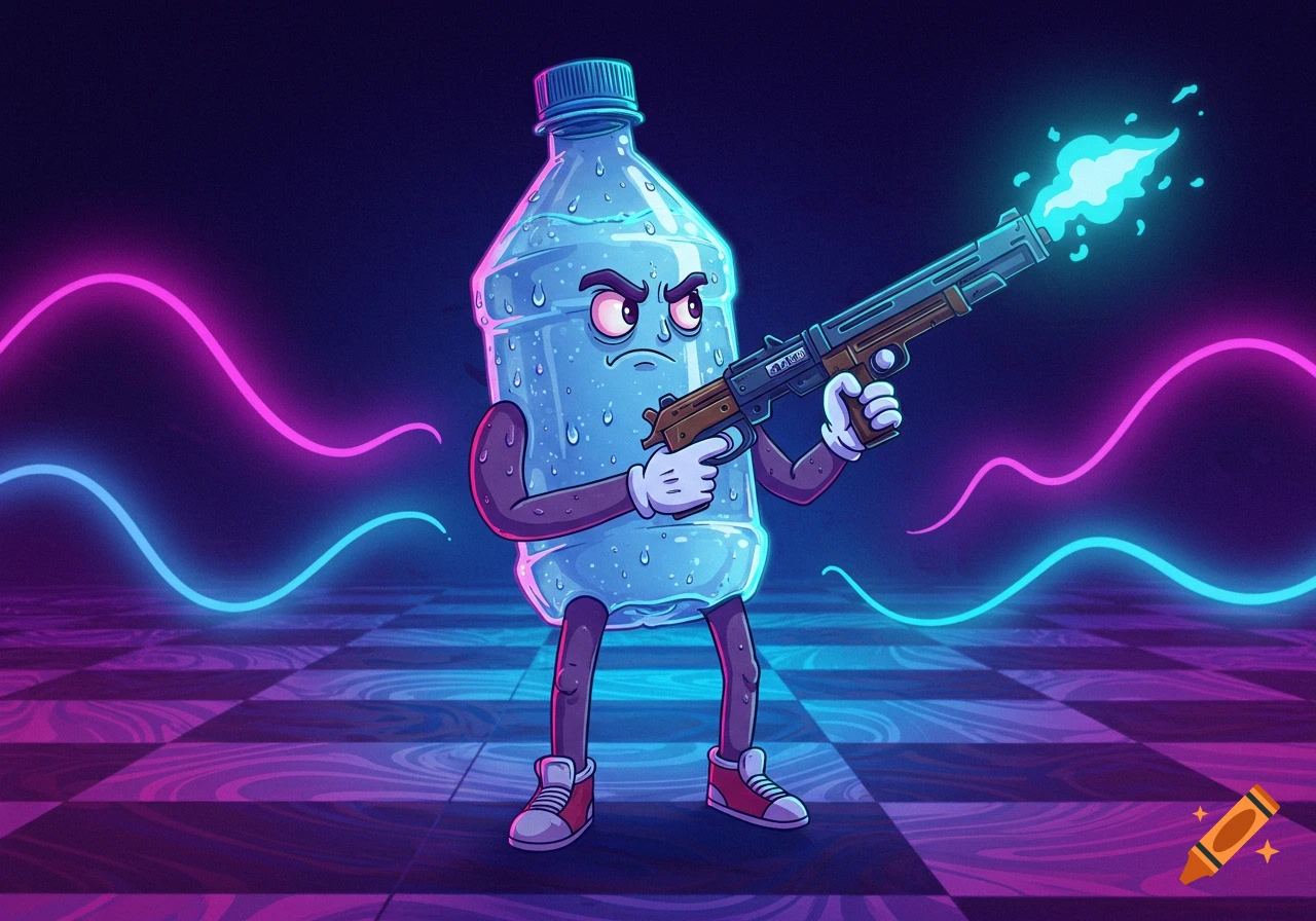 An angry cartoon water bottle character with arms and legs holds a gun with a blue flame firing from the barrel, standing on a checkered floor with pink and blue neon waves.