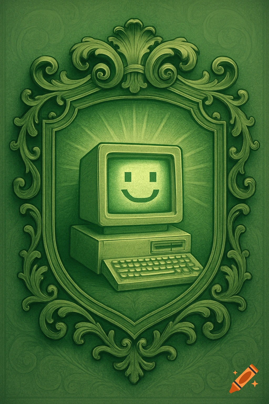 A vintage green computer with a smiley face on its screen, set within an ornate green crest.