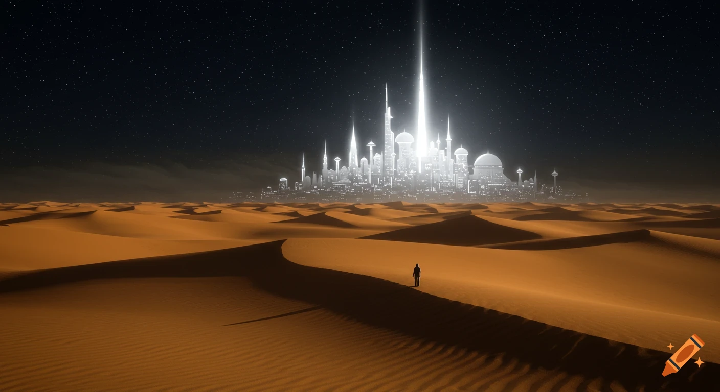 A lone figure stands on a desert dune at night, facing a brightly luminous futuristic city under a starry sky.