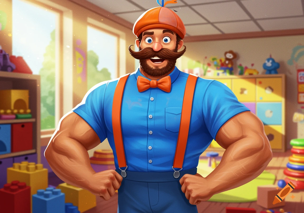 A muscular, cartoon man resembling Blippi, wearing a blue shirt and orange suspenders, stands in a colorful playroom with toys.