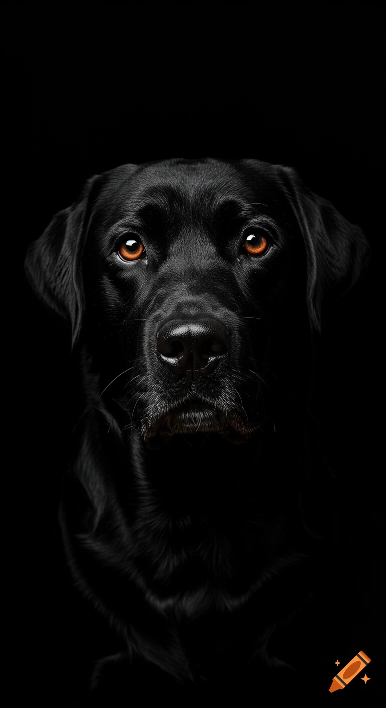 Close-up photorealistic portrait of a black Labrador dog with bright amber eyes against a black background.