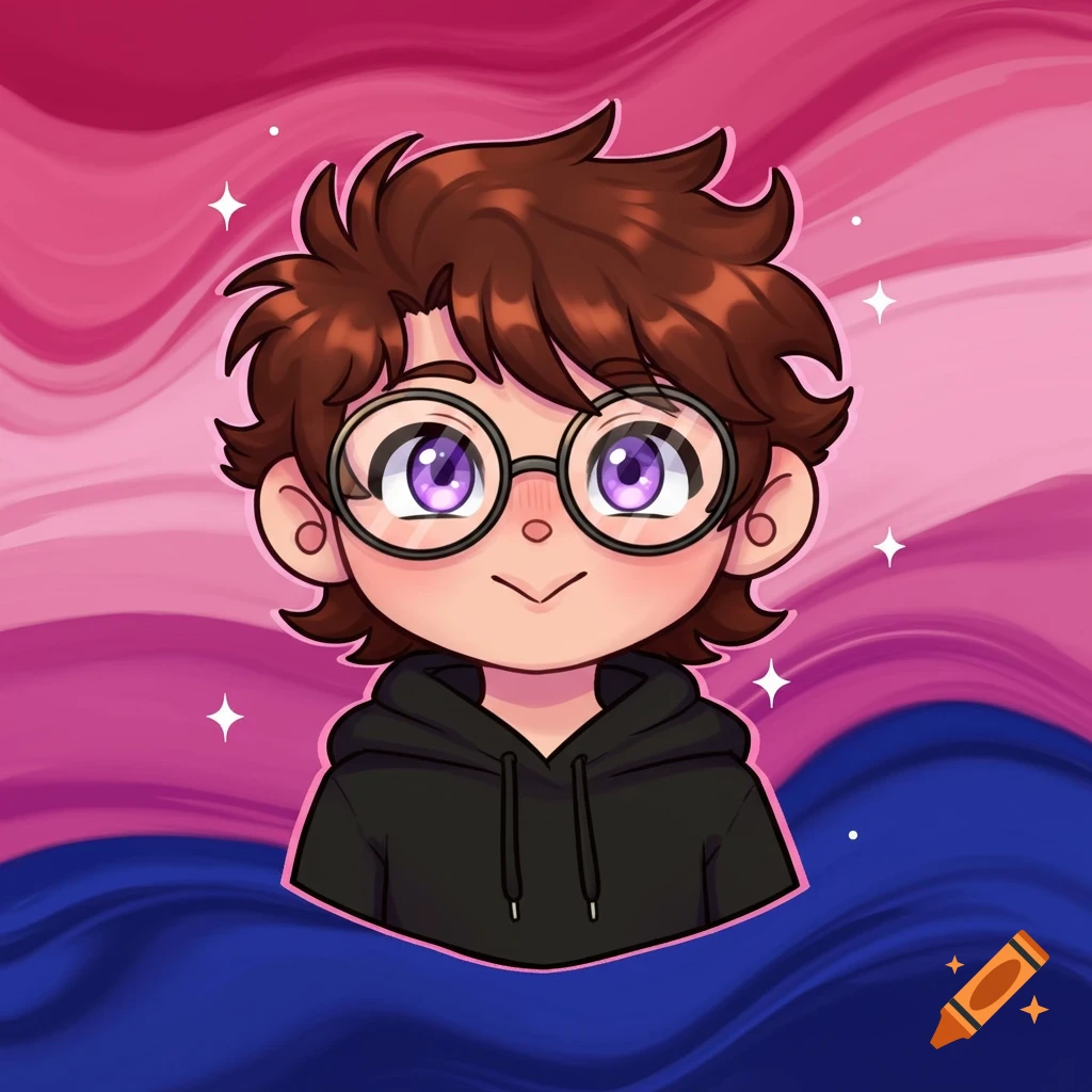 A cartoon character with brown hair, purple eyes, and glasses wearing a black hoodie, against a pink, purple, and blue bisexual flag background.