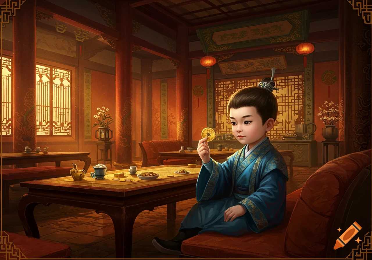 A young child in traditional Chinese attire sits in a detailed, wuxia-style room, holding a gold coin.