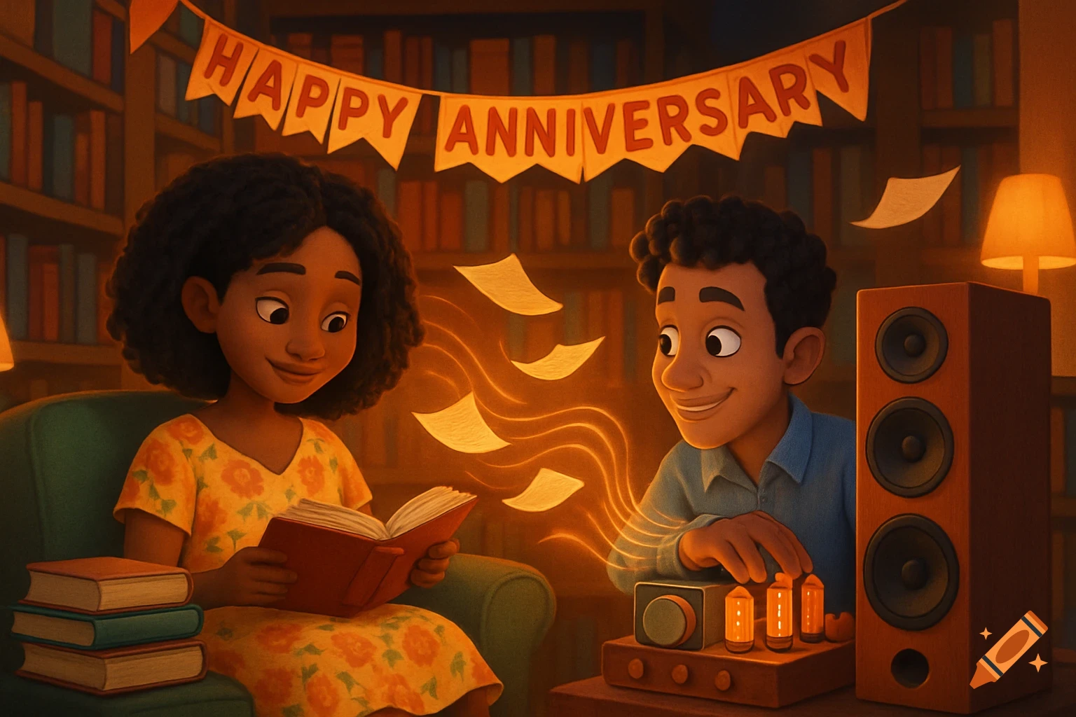 A Pixar-style cartoon couple in a cozy library with a 'Happy Anniversary' banner. The woman reads as the man adjusts an amplifier, glowing soundwaves turn into floating pages.