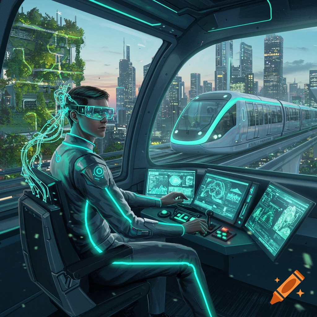 A man in a futuristic suit and VR goggles operates controls inside a monorail, with a modern city and another monorail passing by.