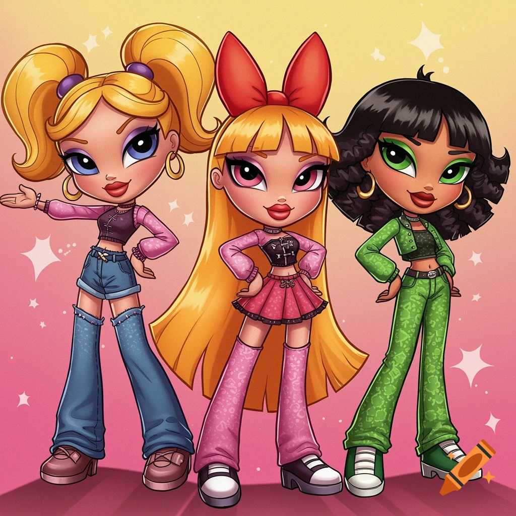 Three stylized doll-like characters, resembling Powerpuff Girls with Bratz features, standing against a colorful background.