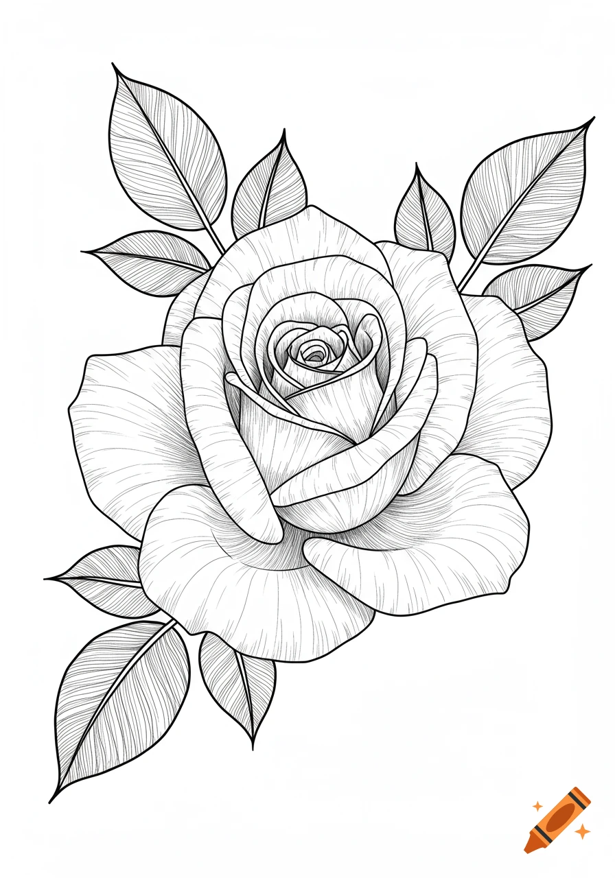 Detailed black and white line art of a rose with intricate petals and leaves, suitable for a coloring page.