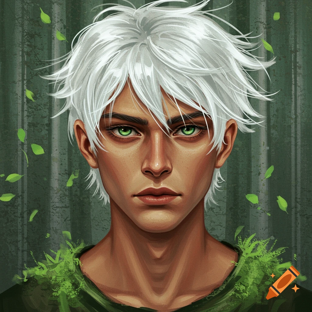 A portrait of a young man with tan skin, messy white hair, and striking green eyes, set against a dark green background with leaves.