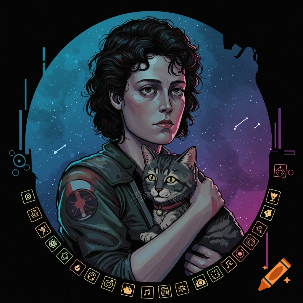Stylized portrait of a woman resembling Ellen Ripley holding a tabby cat protectively, against a starry blue and purple gradient background.