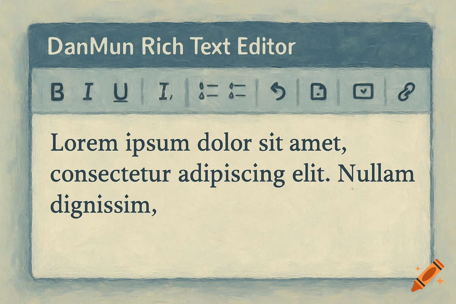 A digital art rendering of a rich text editor window displaying 'DanMun Rich Text Editor' and placeholder 'Lorem ipsum' text.