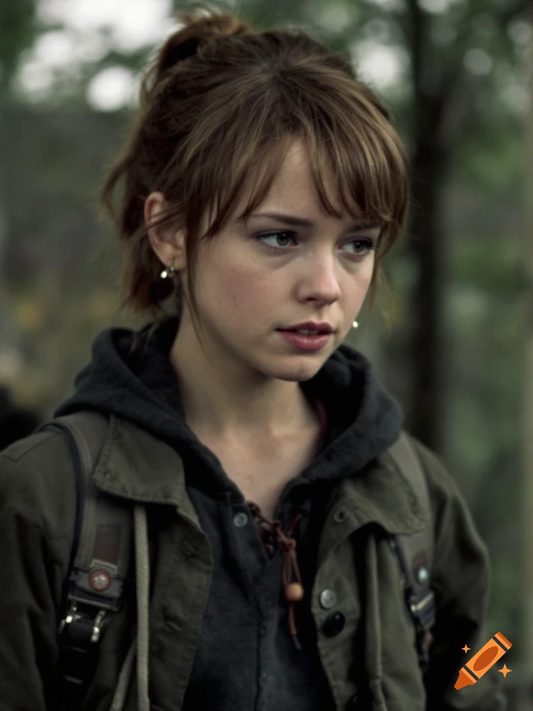 Photorealistic portrait of a young woman with brown hair and bangs, wearing a dark green jacket and hooded sweatshirt, outdoors.