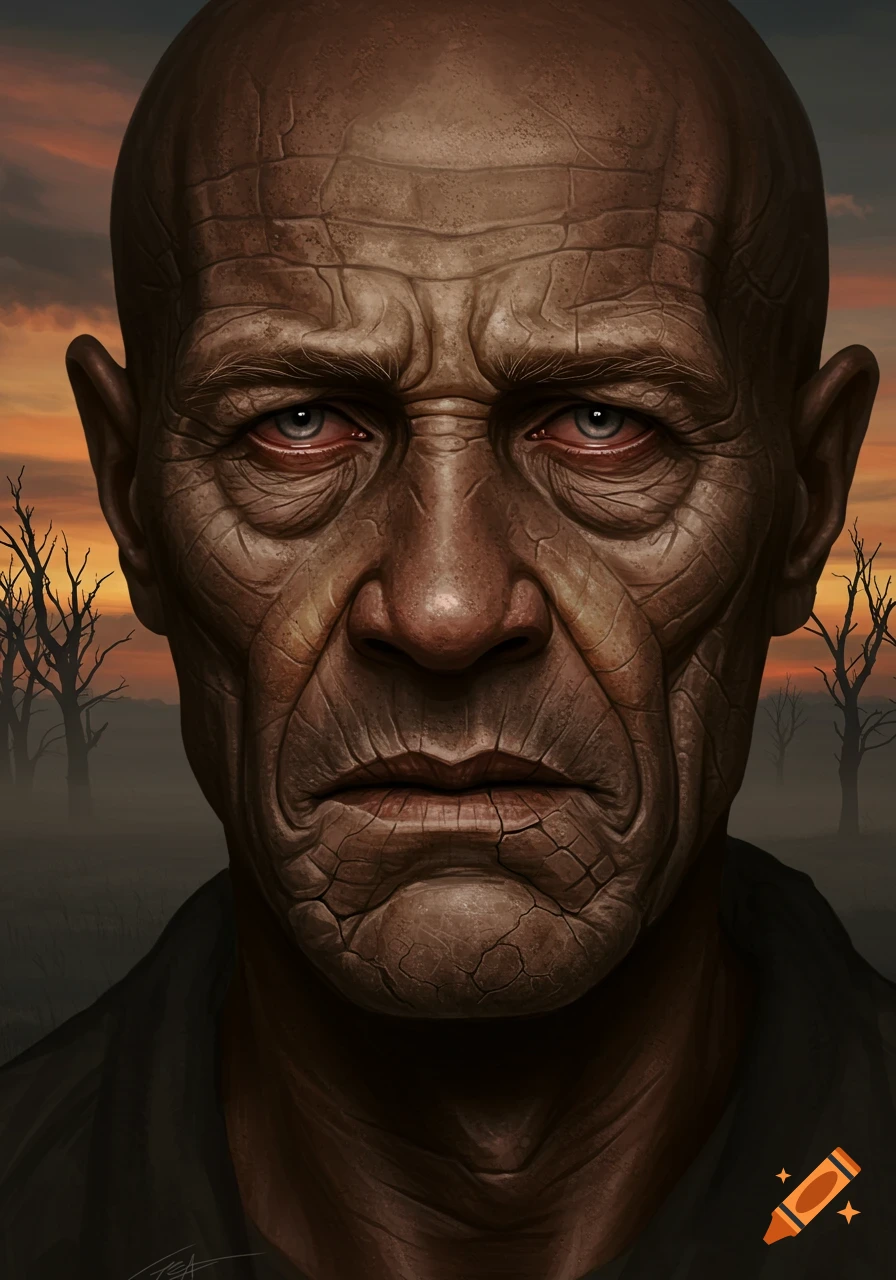 A highly detailed, stylized digital painting of a bald, severely wrinkled man with red eyes, set against a dark, misty sunset background with bare trees.