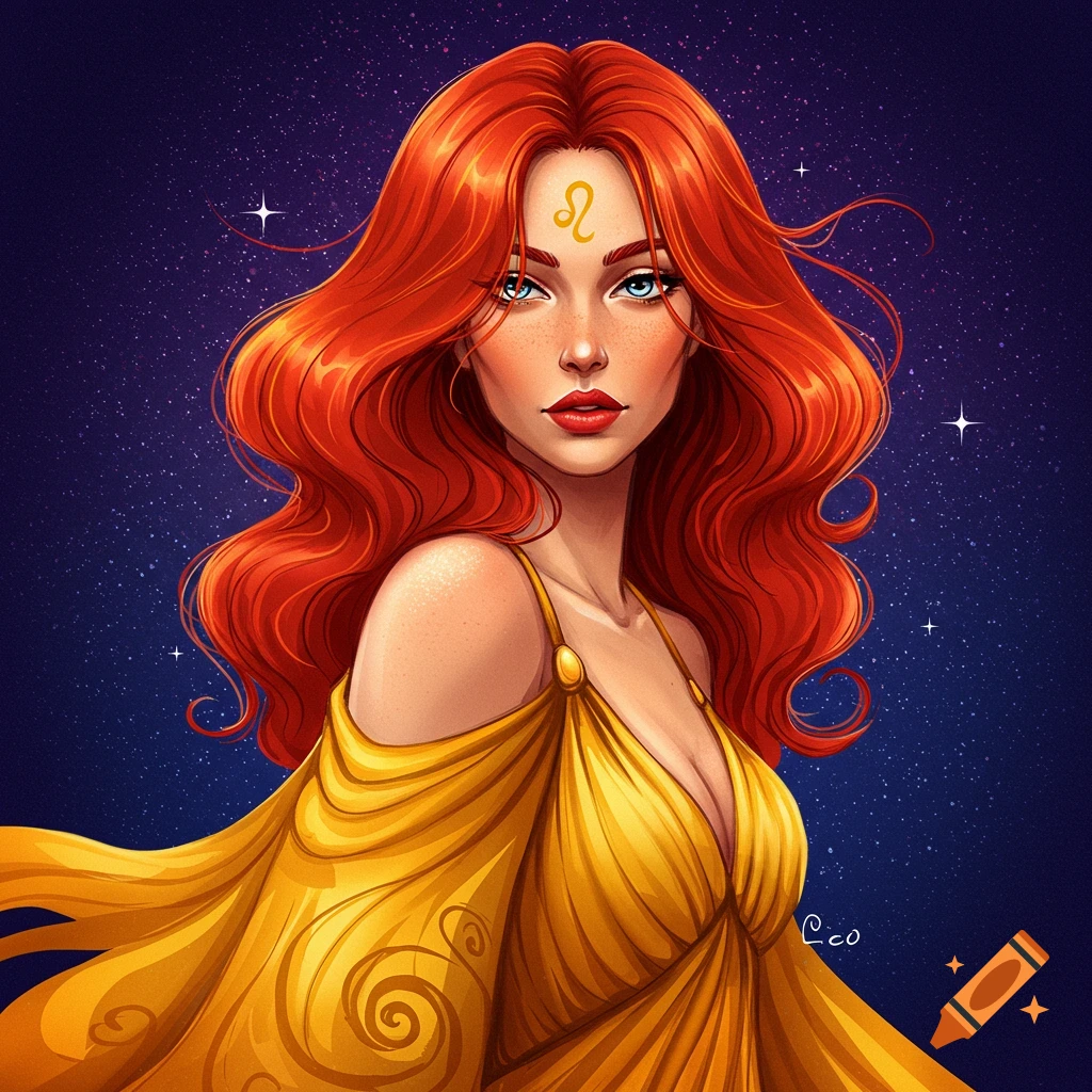Digital illustration of a red-haired woman in a golden dress with a Leo zodiac symbol on her forehead, against a starry sky.