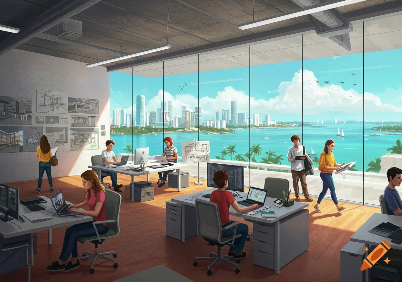 A modern architecture and design office with employees working, featuring a large window overlooking a Miami cityscape and bay.