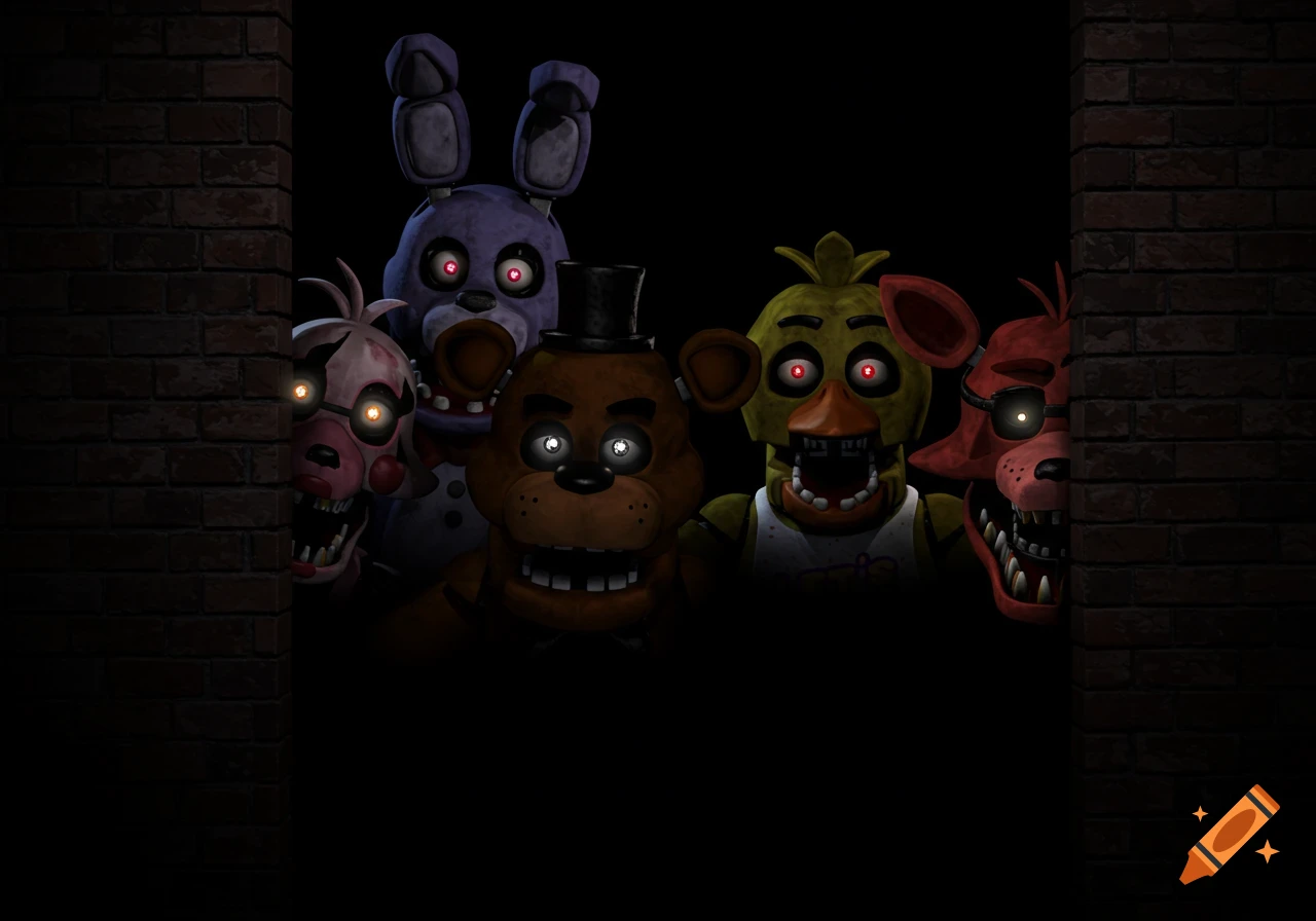 Five Nights at Freddy's animatronics, Freddy, Bonnie, Chica, Foxy, and Mangle, peek from behind a dark brick wall with glowing eyes.