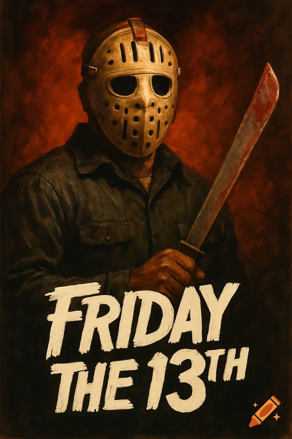 A dark, painterly horror movie poster shows Jason Voorhees wearing a hockey mask and holding a bloody machete. The title "FRIDAY THE 13TH" is in white text at the bottom.