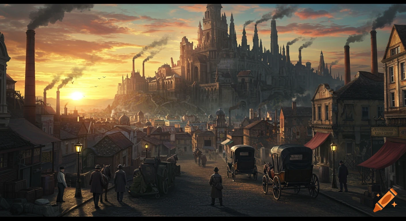 A wide shot of a bustling Victorian-era city with a large, dark castle on a hill, smoke billowing from chimneys at sunset.