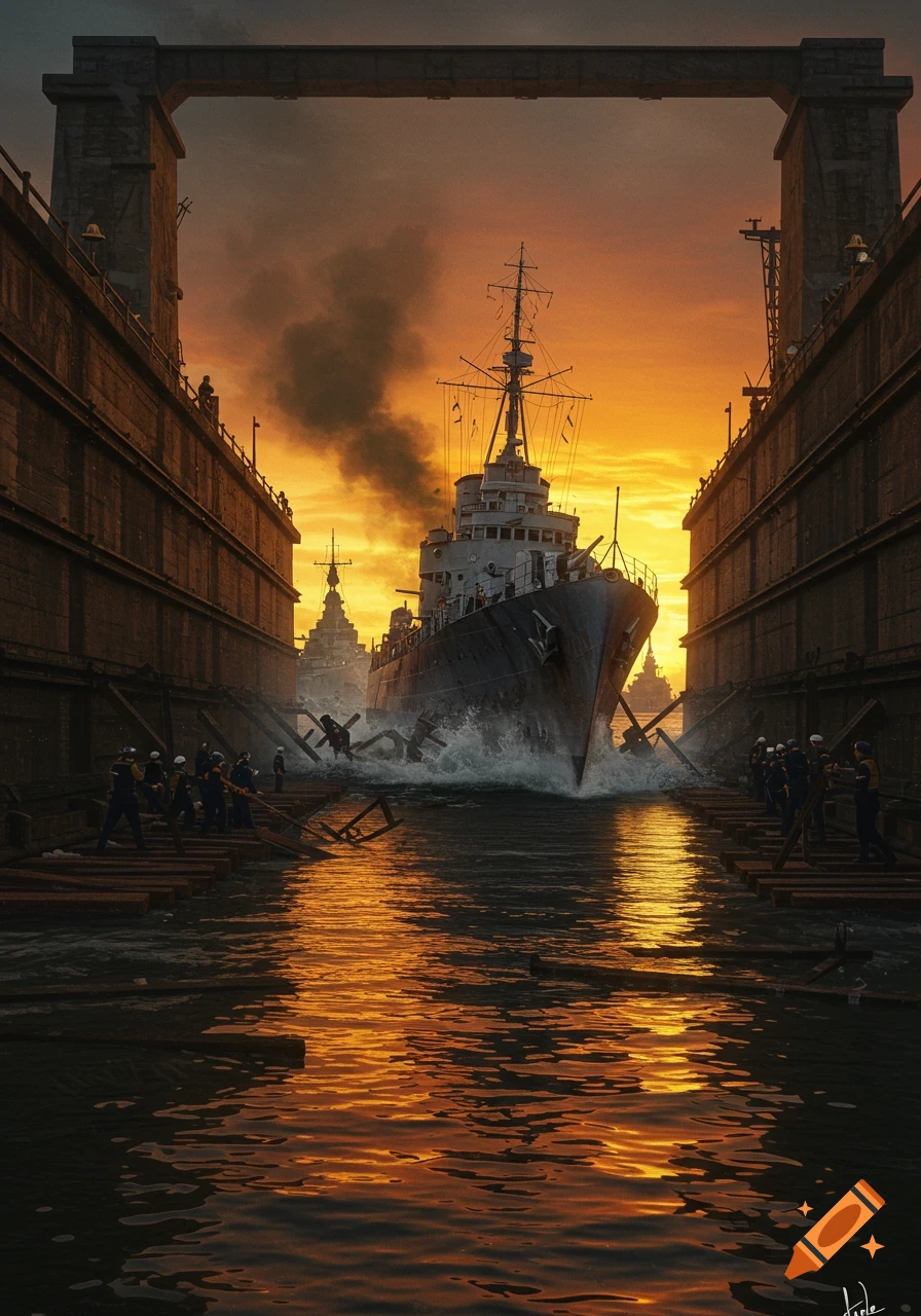 A large battleship makes a dramatic entrance from a dry dock, kicking up water at sunset, with workers on the surrounding platforms.