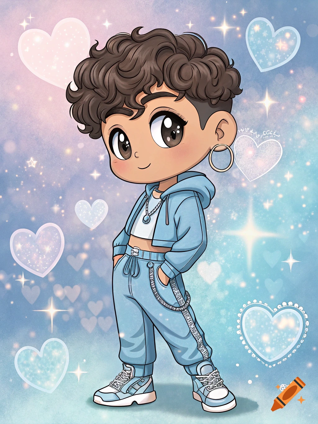 A cute chibi boy with curly hair in a light blue cropped hoodie and sweatpants with chains, posing against a dreamy background with hearts and sparkles.
