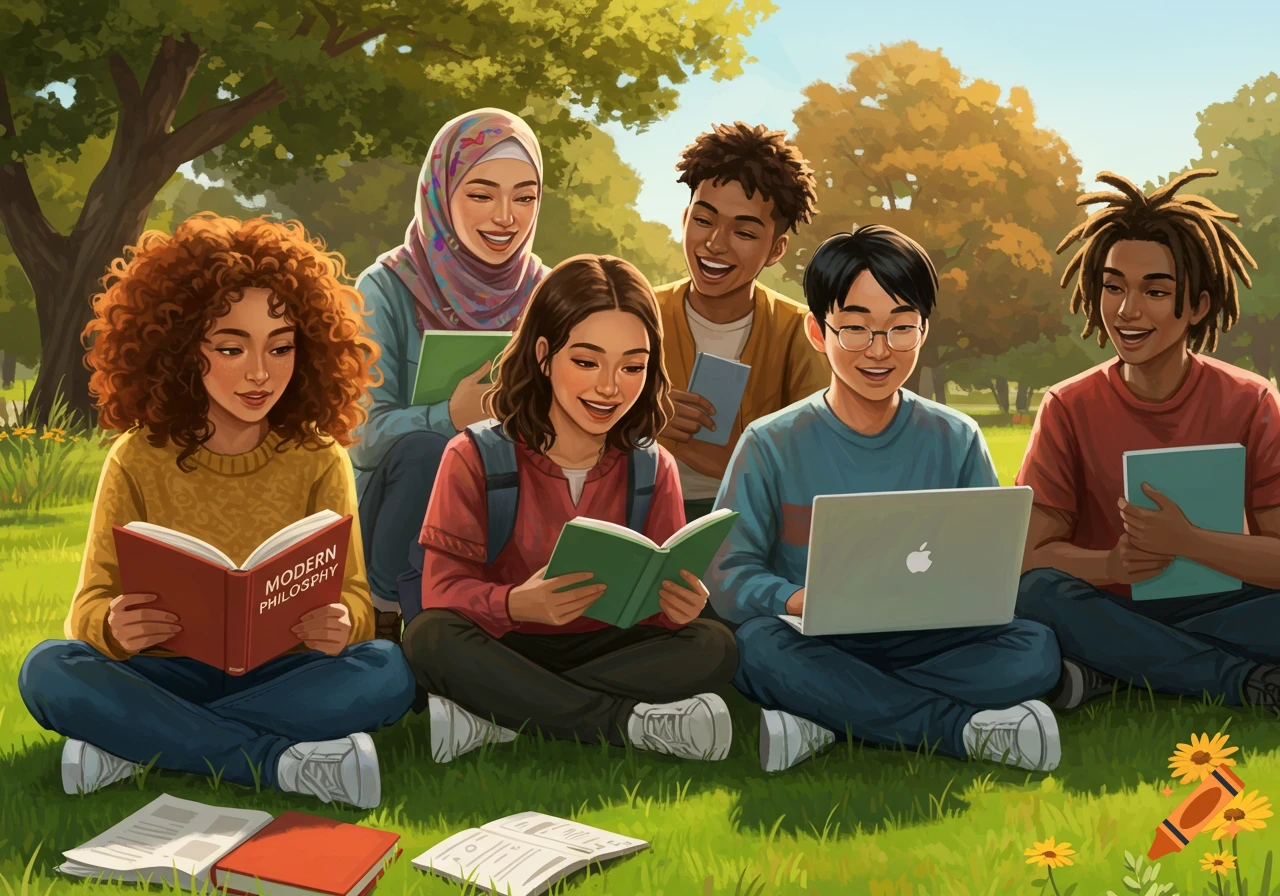 A diverse group of smiling college students studying together outdoors on a grassy lawn. Some read books, one uses a laptop.