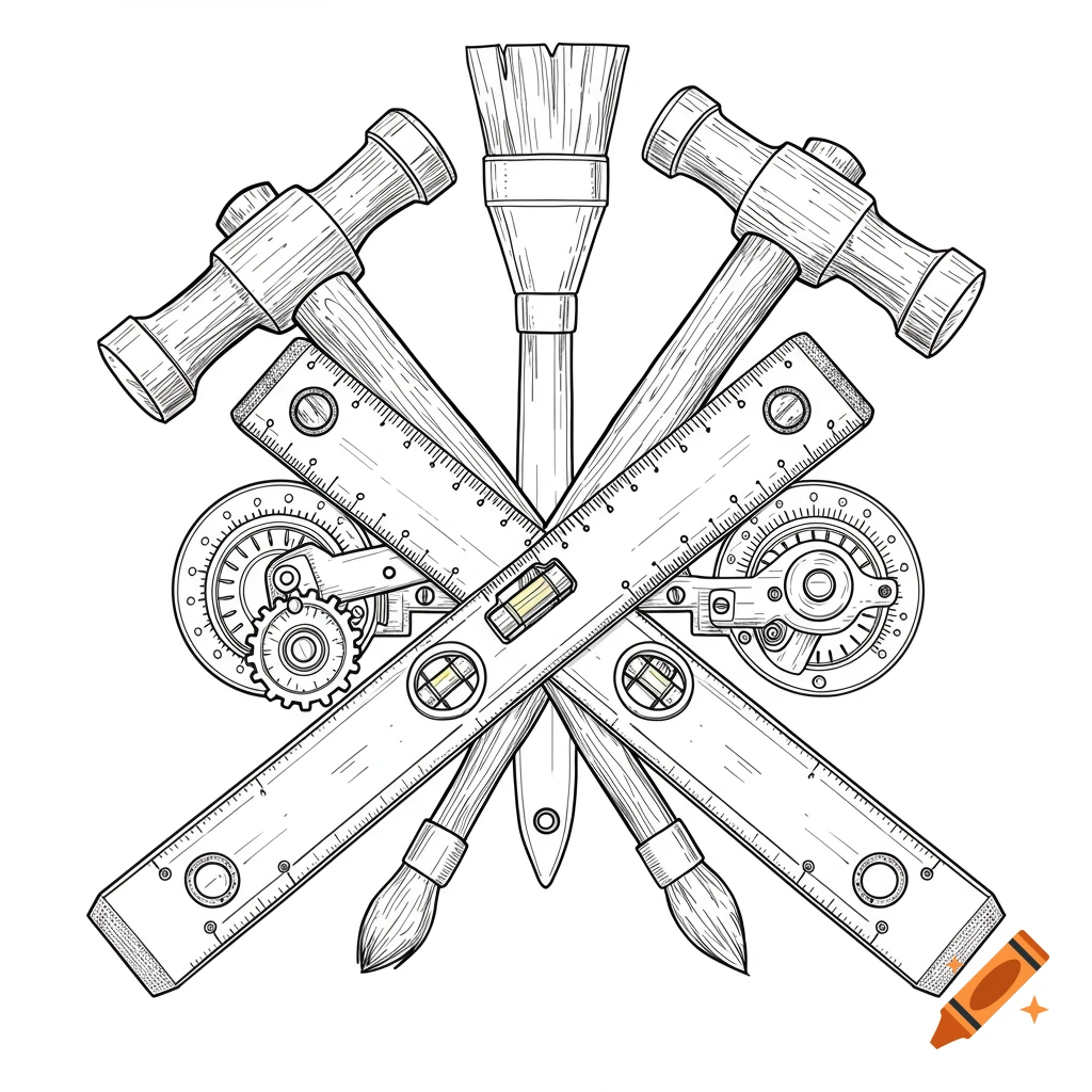 Black and white steampunk line art of crossed hammers, rulers, levels, and paintbrushes.