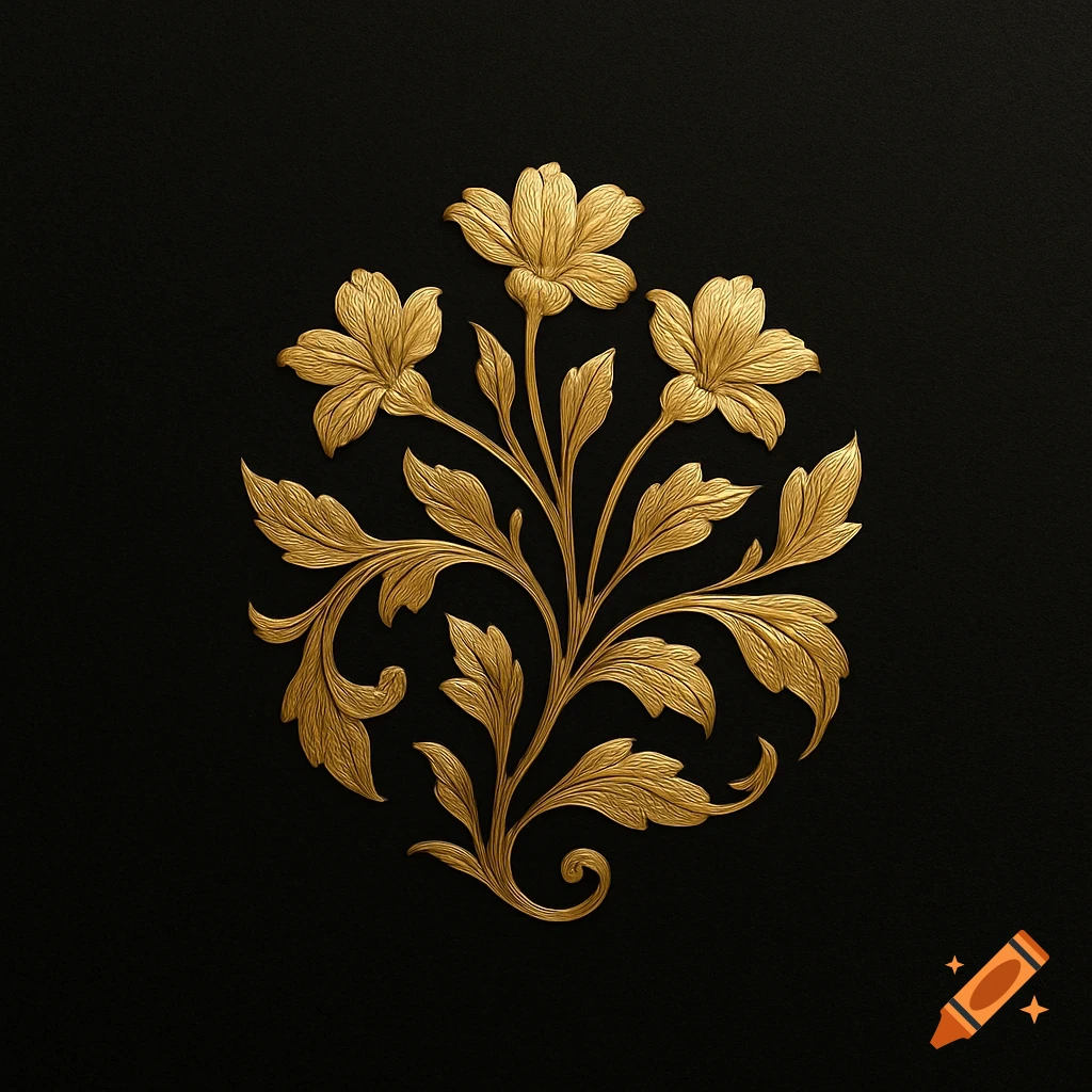 An elegant gold floral design with intricate leaves and three prominent flowers on a dark black background.