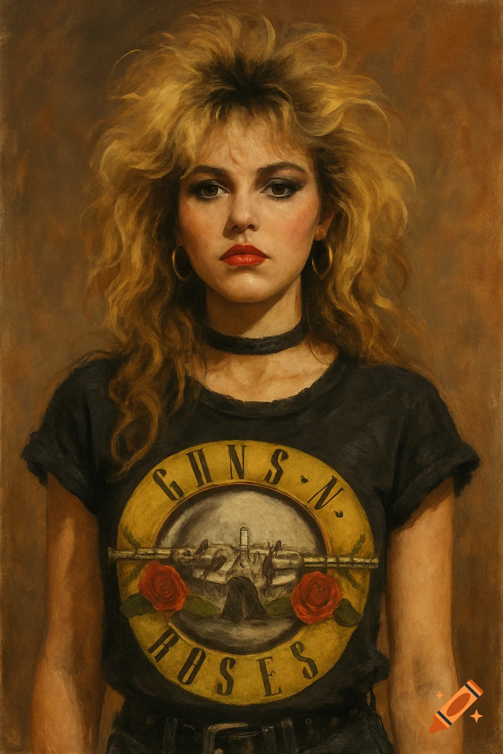 Painterly portrait of an 80s woman with big blonde hair, dark makeup, and a Guns N' Roses band t-shirt.