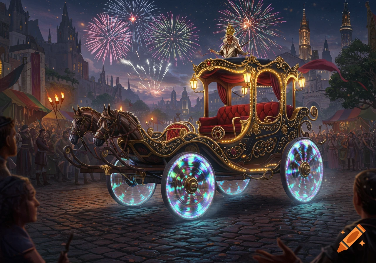 An ornate, "pimped out" black and gold chariot with glowing multicolored wheels, pulled by two horses, rides through a medieval city square at night. Fireworks burst in the sky over towering buildings, and a crowd watches the procession.