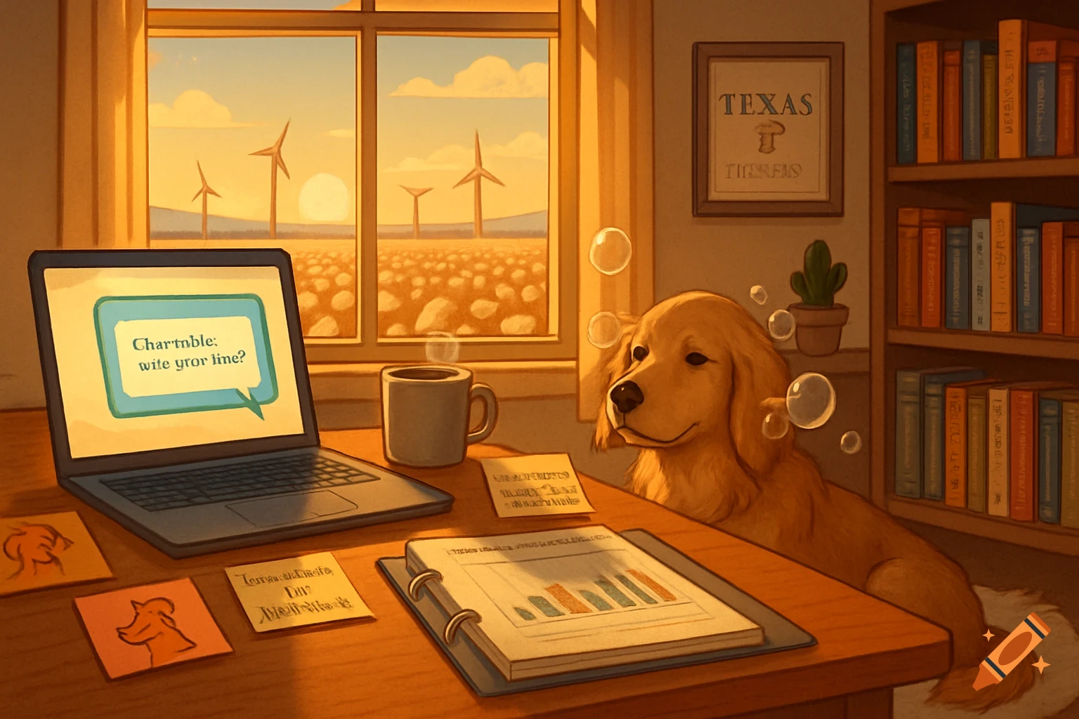 A golden retriever sits by a wooden desk with a laptop, sticky notes, and a coffee mug. Outside a window, wind turbines stand against a sunset.