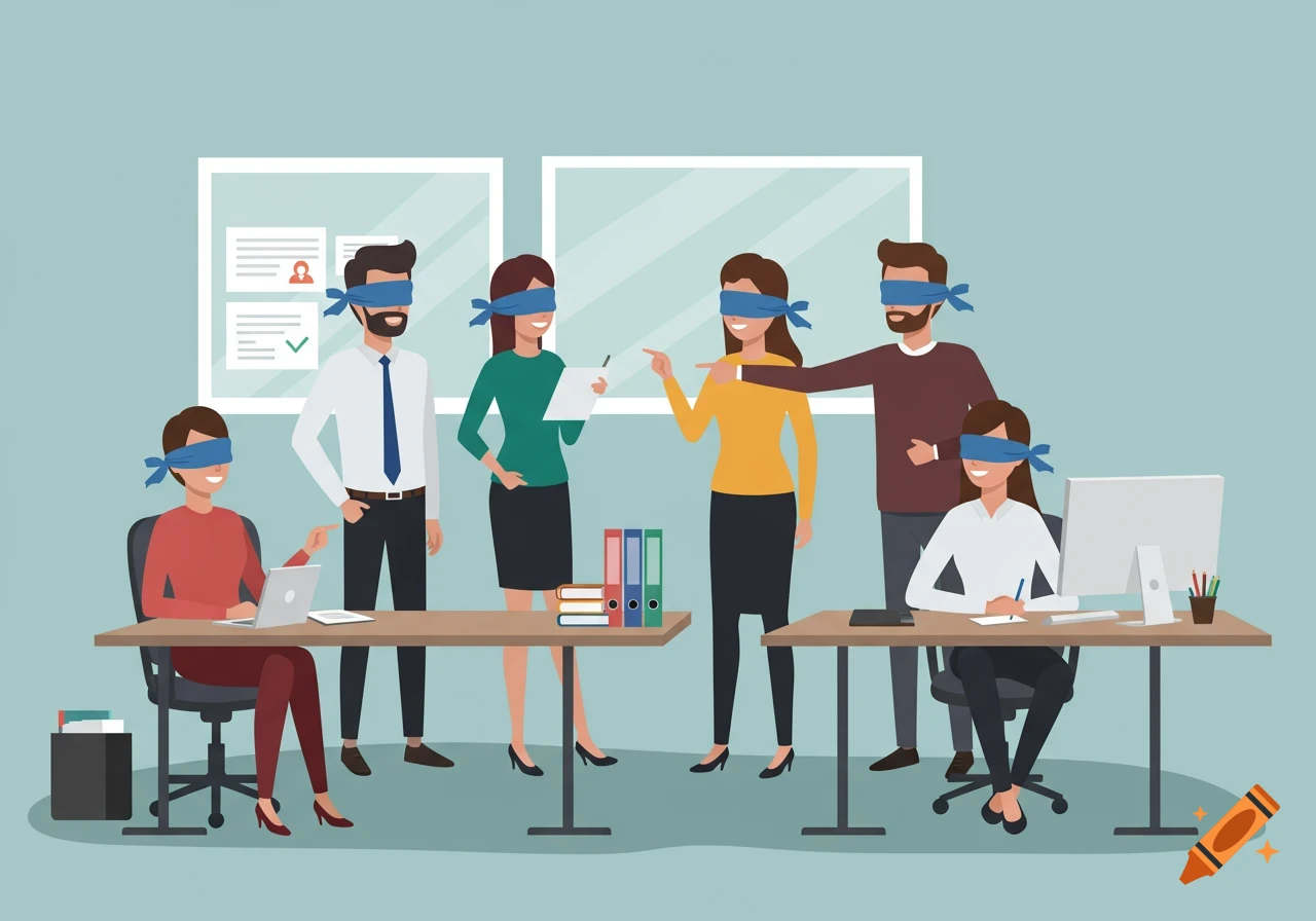 Cartoon of blindfolded office colleagues pointing at each other, symbolizing bias in peer evaluations.