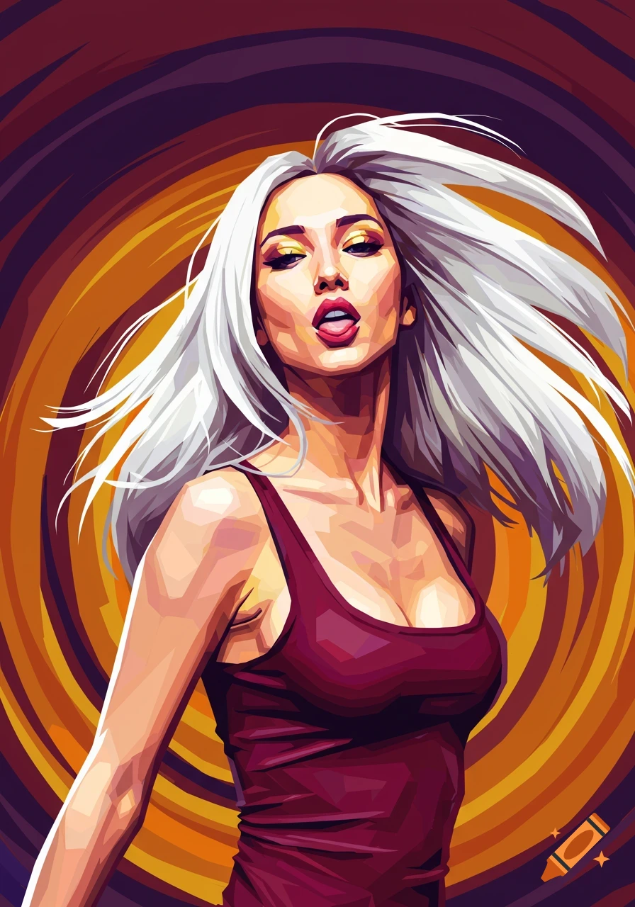 Pop art portrait of a woman with long white hair, wearing a maroon tank top, with her tongue slightly visible, against a swirling orange and purple background.