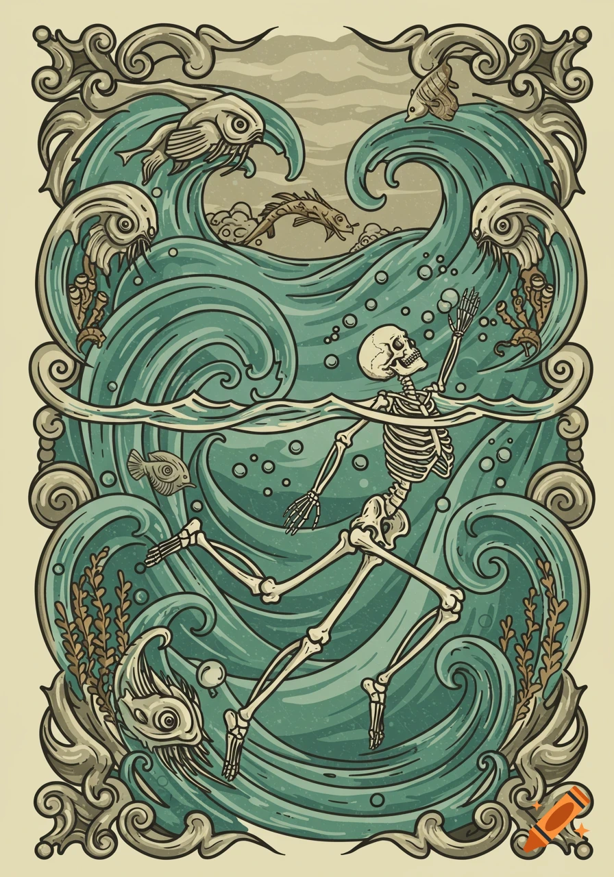 Vintage tattoo-style illustration of a skeleton swimming in swirling ocean waves with fish, framed by an ornate border.