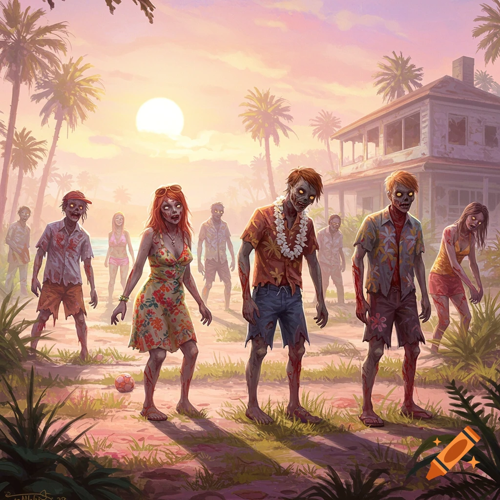 Stylized illustration of zombies in summer clothing walking on a tropical beach at sunset with palm trees and a dilapidated house.